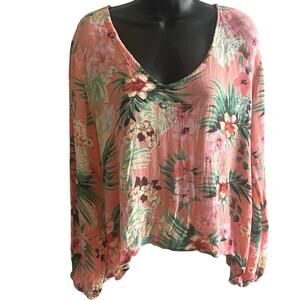 Boho Floral Blouse Pink Tropical Print Live 4 Truth Top Women’s S Crinkle V-Neck